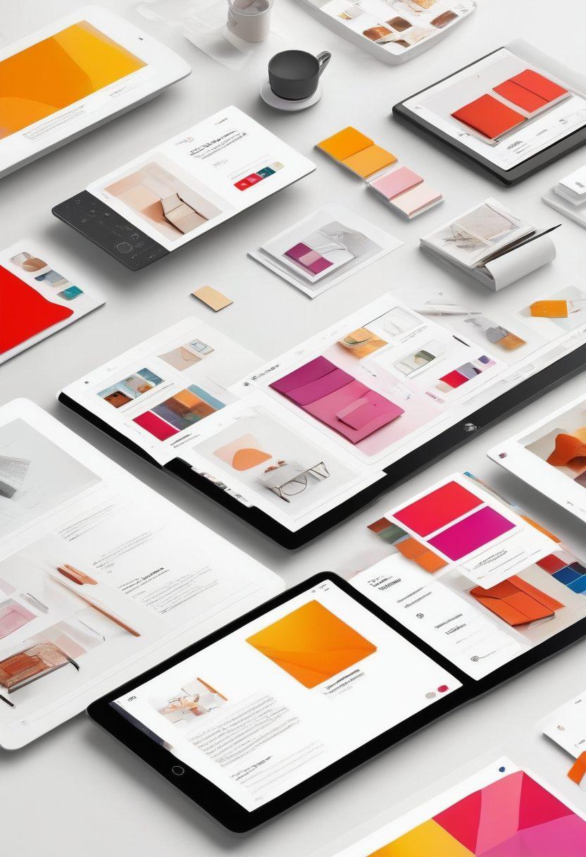 A visually stunning catalog design layout displayed on various digital devices, showcasing interactive elements like clickable thumbnails and animated transitions. Include a designer in action, sketching ideas on a tablet, surrounded by color swatches and mood boards, enabling a creative atmosphere. Emphasize vibrant colors and a modern aesthetic to capture the essence of online showcases. 3D. vibrant colors. white background.